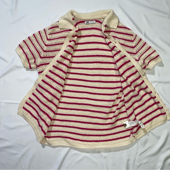 Zara Women's Pink and White Striped Crocheted Button Up Top Size Medium Y2K - Picture 3 of 8